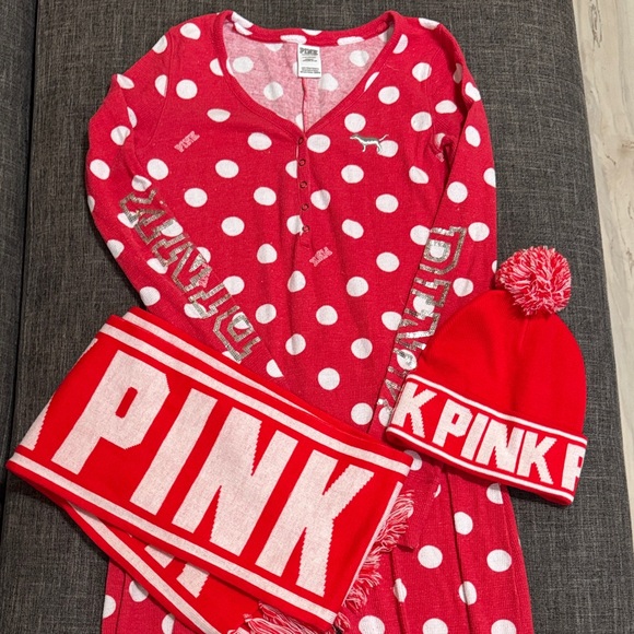 PINK Victoria's Secret Other - Vintage VS PINK Sequin Sleeve Pajama Onesie + Scarf & Beanie Set ✨